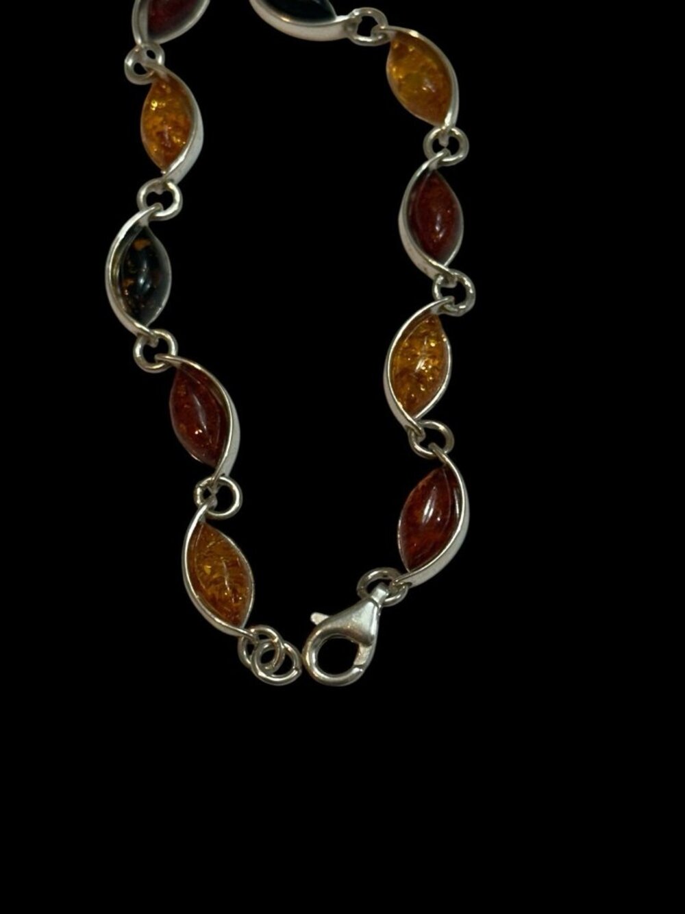 Vintage Sterling Silver Genuine Amber Link Bracelet Teardrop Shape 7”
